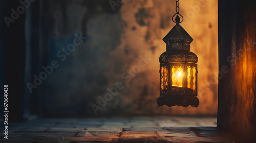Typical Arabic oil lamp or lantern hanging on the grunge wall of old building. Details of old Middle Eastern interiors. Generative Ai. photo