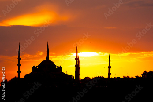 Silhouette of a mosque. Blue Mosque or Sultanahmet Camii at sunset