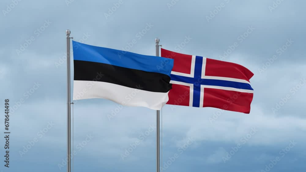 Norway flag and Estonia flag waving together on cloudy sky, endless seamless loop, two country relations concept Norway flag and Estonia flag waving together on cloudy sky, endless seamless loop, two country relations concept