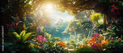 beautiful summer garden the vibrant green leaves of the tropical plant create a breathtaking backdrop while the suns warm rays illuminate the stunning array of flowers showcasing the natural