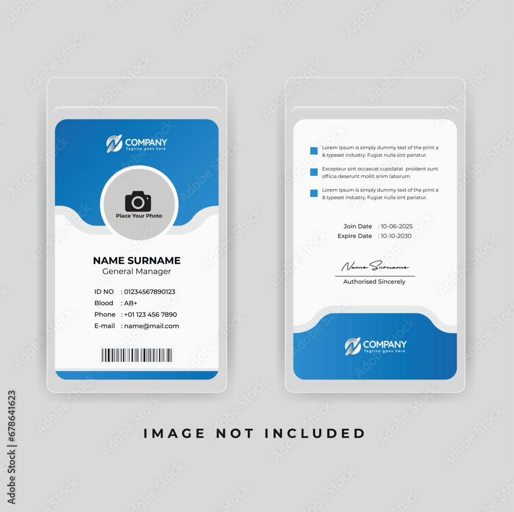 Modern and clean business id card template. professional id card design template with blue color. corporate modern business id card design template. Company employee id card template.