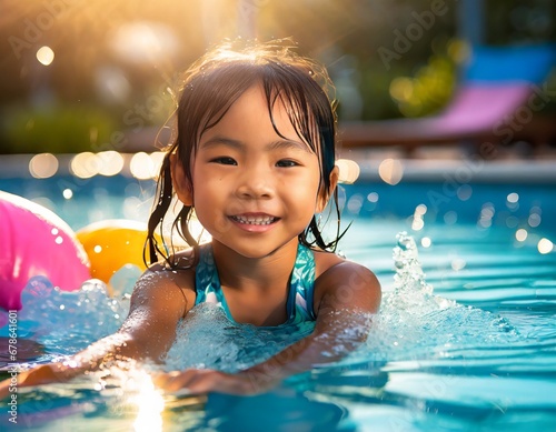 Smiling little girl swimming in the pool. © SashaMagic