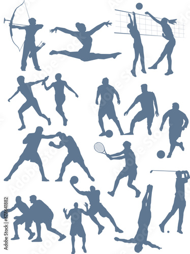 Many colorful silhouettes of athletes representing various sports disciplines. Vector contours of team sports disciplines