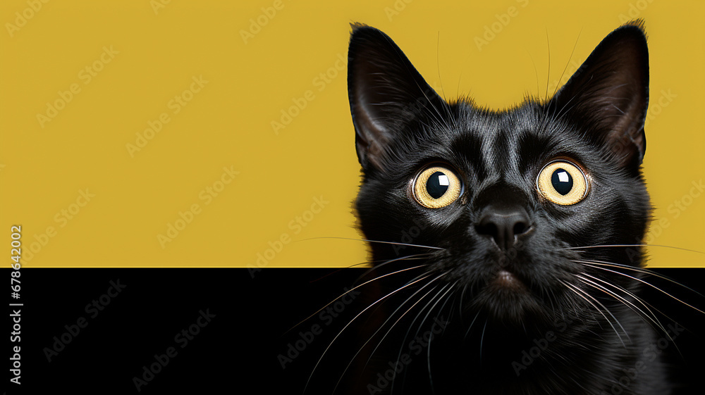 Black cat with big eyes on a yellow background with space for text Black cat with big eyes on a yellow background with space for text