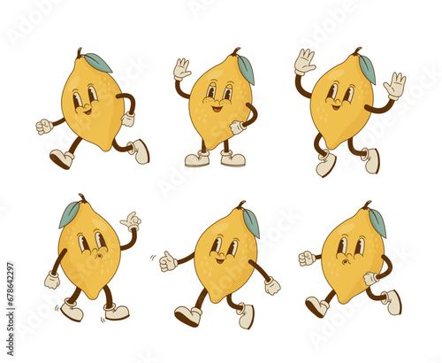 Set of funny retro cartoon lemon characters in different poses and emotion. Smiling citrus fruit mascot vector illustration.