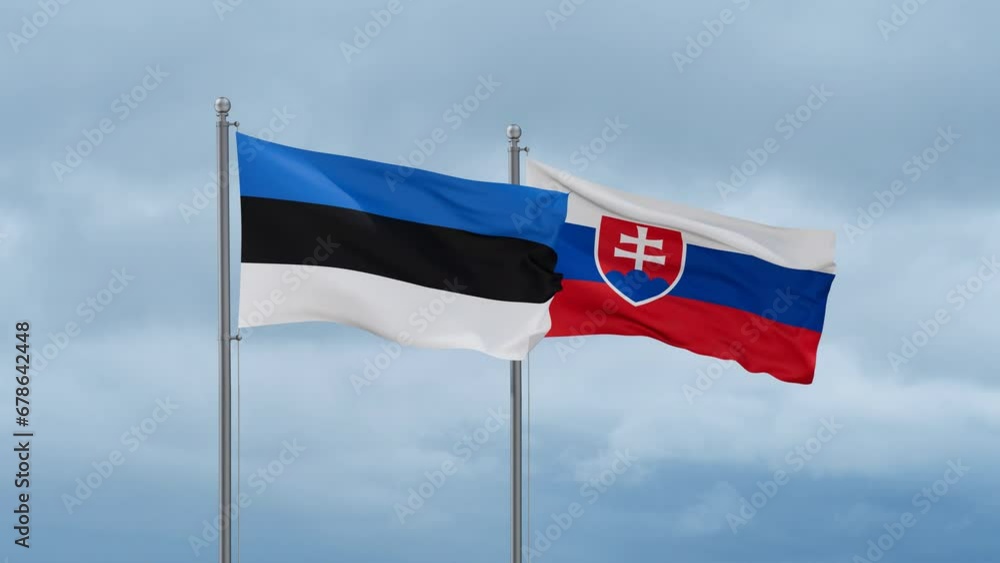 Slovak Republic or Slovakia and Estonia flag waving together on cloudy sky, endless seamless loop, two country cooperation concept Slovak Republic or Slovakia and Estonia flag waving together on cloudy sky, endless seamless loop, two country cooperation concept