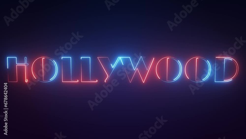 bright neon hollywood text animated on dark background