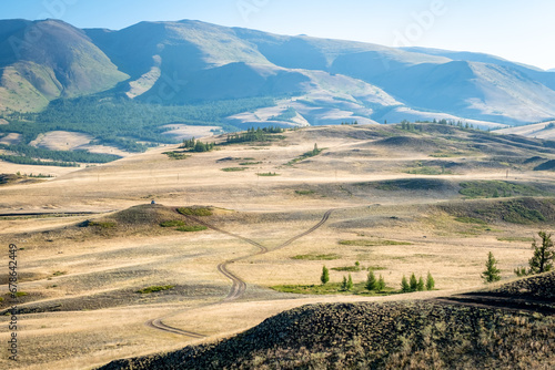 Summer landscape in the Altai mountains. Kurai steppe. Snow-capped mountain peaks. Kosh-Agachsky district of the Altai Republic, South of Western Siberia