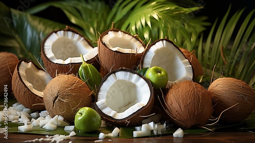 Fresh Tropical Coconuts and Green Apples on Palm Leaves for Healthy Eating Concept