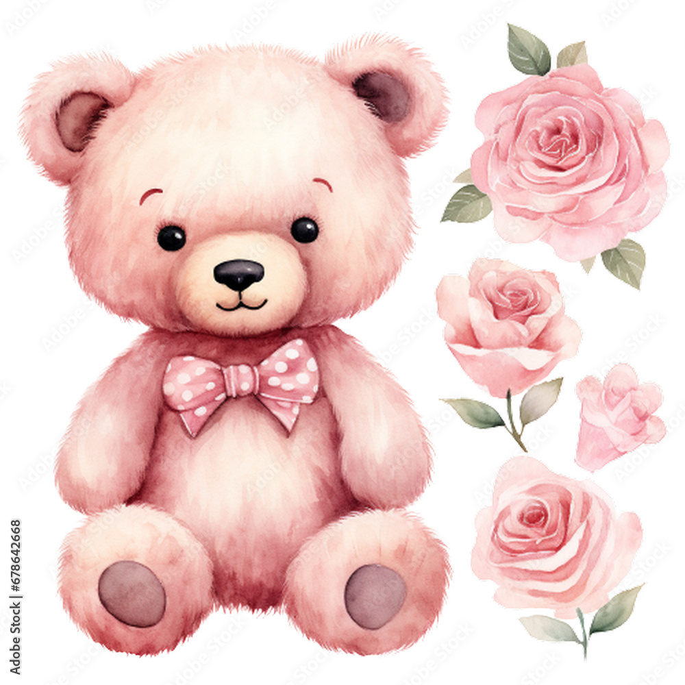 Watercolor Valentine Rose Bear Clipart,Cute watercolor teddy bears