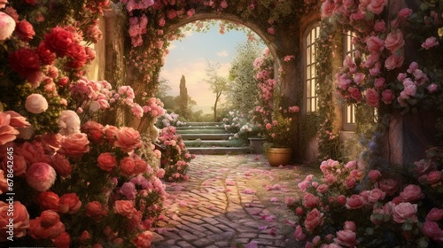 A garden path surrounded by a profusion of blooming roses in various shades, creating a fragrant and enchanting corridor of natural beauty. © rehman