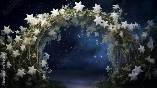 A graceful clematis vine climbing a garden arch, its delicate flowers resembling stars in a night sky.