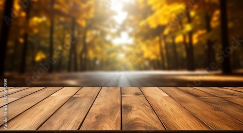 Wooden Planks Foreground Leading to a Sunlit Autumn Forest in a Tranquil Nature Scene