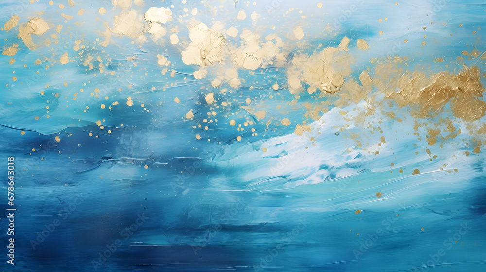 Very beautiful art. Abstract background. Blue and gold paint. Golden sequins background. Generative Ai.