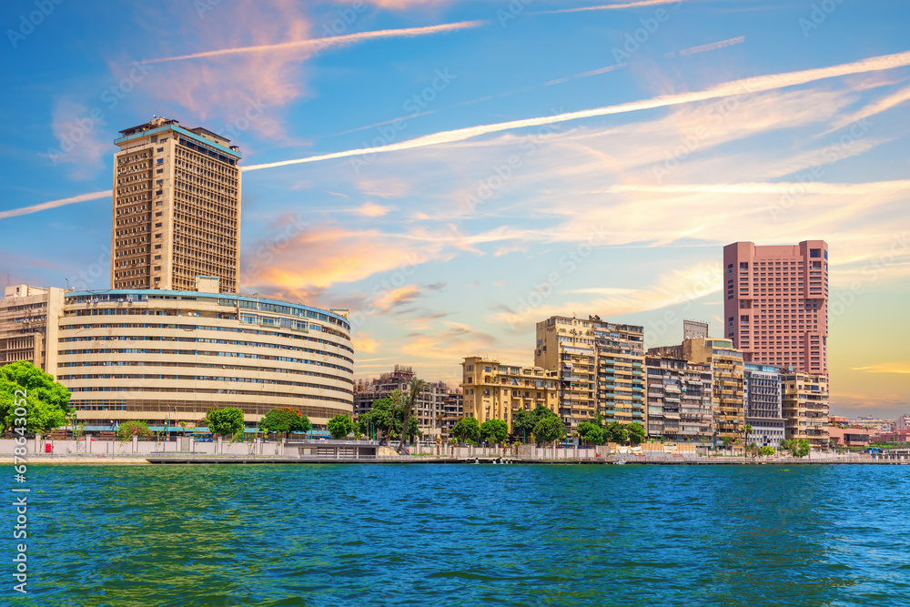 Colorful view of luxury center of Cairo and the Nile river, Egypt