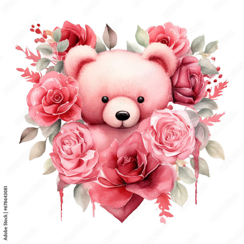 Watercolor Valentine Rose Bear Clipart,Cute watercolor teddy bears