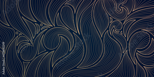 Fototapeta Naklejka Na Ścianę i Meble -  Vector golden leaves botanical modern, art deco wallpaper background pattern. Luxury line floral wallpaper, elegant foliage wavy ornament