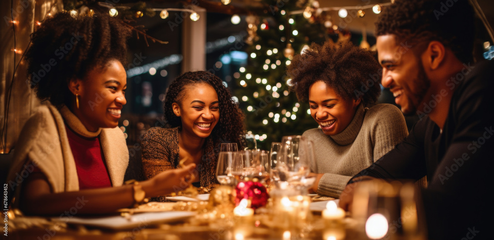 holidays and celebration concept - multiethnic group of happy friends with sparklers having christmas dinner at home