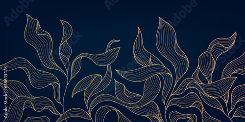 Vector golden leaves botanical modern, art deco wallpaper background pattern. Luxury line floral wallpaper, elegant foliage wavy ornament