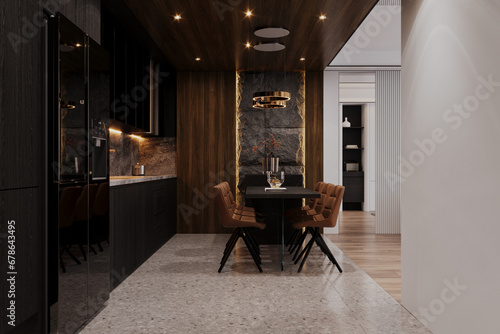 Contemporary Dining and kitchen interior with Black and Modern touches, 3D rendering photo