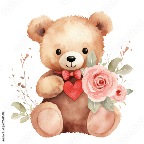 Watercolor Valentine Rose Bear Clipart,Cute watercolor teddy bears, Mother day card, Valentines day card, Clipart,Cute Teddy Bear Clipart, generative ai