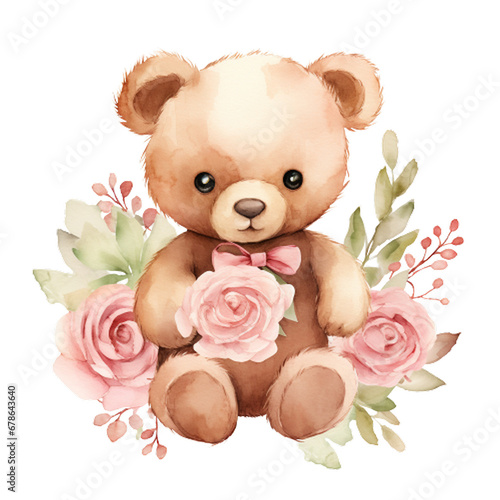 Watercolor Valentine Rose Bear Clipart,Cute watercolor teddy bears, Mother day card, Valentines day card, Clipart,Cute Teddy Bear Clipart, generative ai