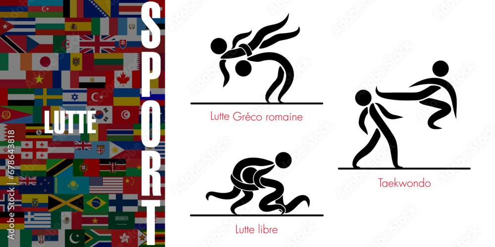 Ensemble de pictogrammes représentant les 3 disciplines sportives de combat avec un adversaire - Texte sur un fond de drapeaux mondiaux, Traduction : sport, lutte.