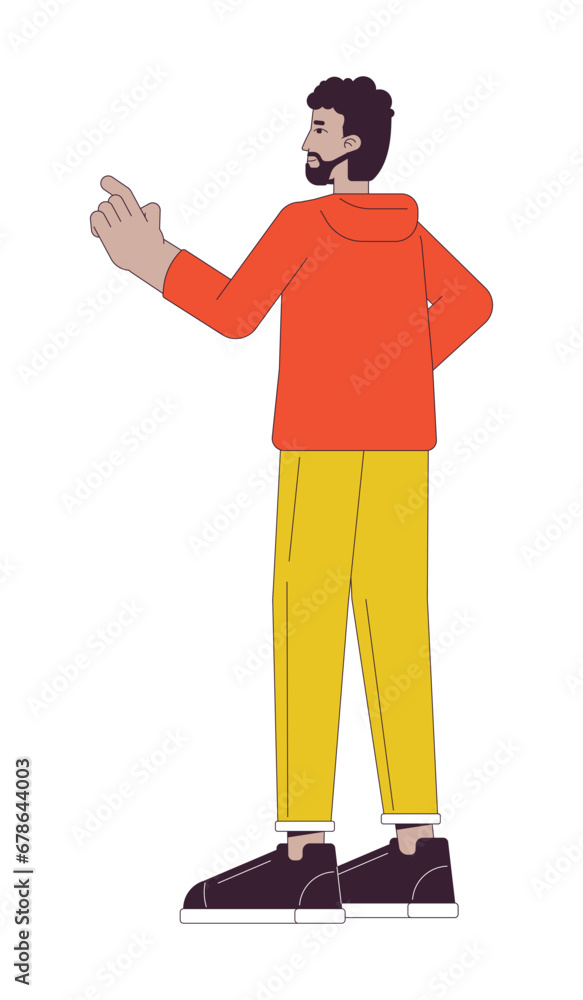 Bearded african american man pressing hand 2D linear cartoon character. Black adult male pointing arm isolated line vector person white background. Standing guy side view color flat spot illustration