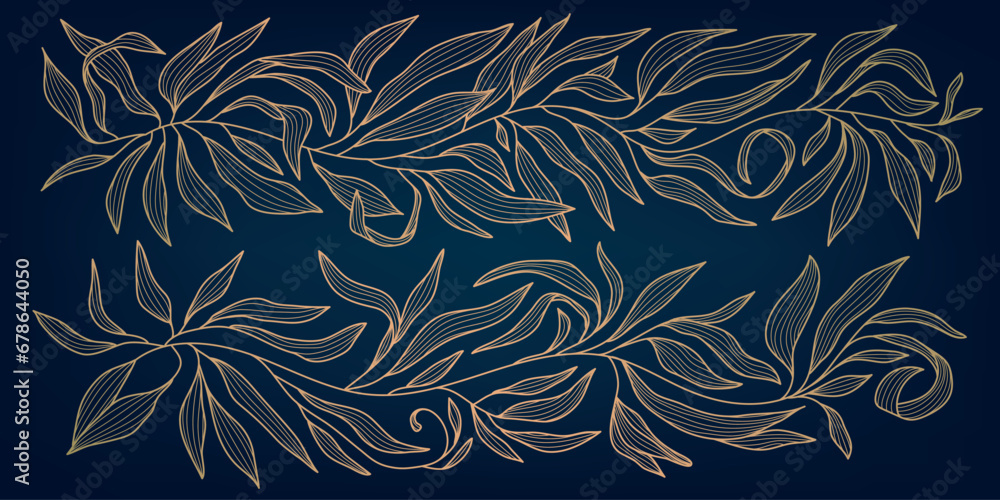 Vector golden leaves botanical modern, art deco wallpaper background pattern. Luxury line floral wallpaper, elegant foliage wavy ornament Vector golden leaves botanical modern, art deco wallpaper background pattern. Luxury line floral wallpaper, elegant foliage wavy ornament