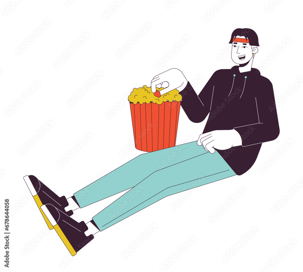 Korean young adult man taking popcorn from bucket 2D linear cartoon character. Asian boy grabbing popcorn isolated line vector person white background. Movie night home color flat spot illustration Korean young adult man taking popcorn from bucket 2D linear cartoon character. Asian boy grabbing popcorn isolated line vector person white background. Movie night home color flat spot illustration