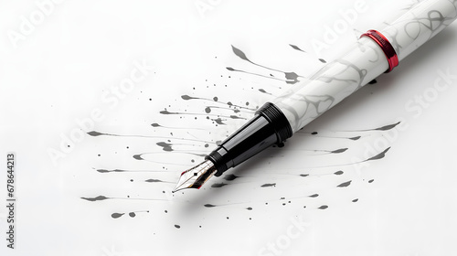 Vintage style fountain pen with spilled ink with black abstract text on white background texture marble. Generative Ai. photo
