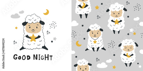 Сhildish pattern with little sheep, baby shower greeting card. Animal seamless background, cute vector texture for kids bedding, fabric, wallpaper, wrapping paper, textile, t-shirt print