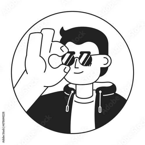 Caucasian cool dude adjusting sunglasses black and white 2D vector avatar illustration. Stylish european chill guy outline cartoon character face isolated. Fashion statement flat user profile image