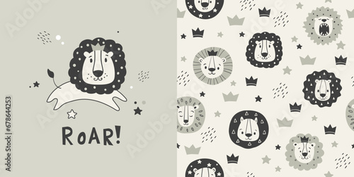 Сhildish pattern with little lion, baby shower greeting card. Animal seamless background, cute vector texture for kids bedding, fabric, wallpaper, wrapping paper, textile, t-shirt print © Colorlife