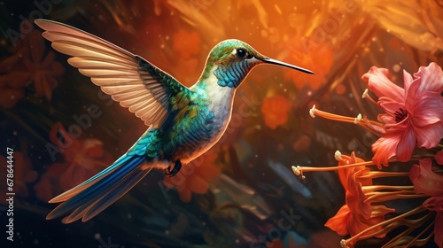 A hummingbird, drawn to a colorful blossom, capturing the essence of wild beauty. © rehman