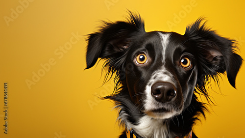 Foto Portrait of a border collie dog on a yellow background.