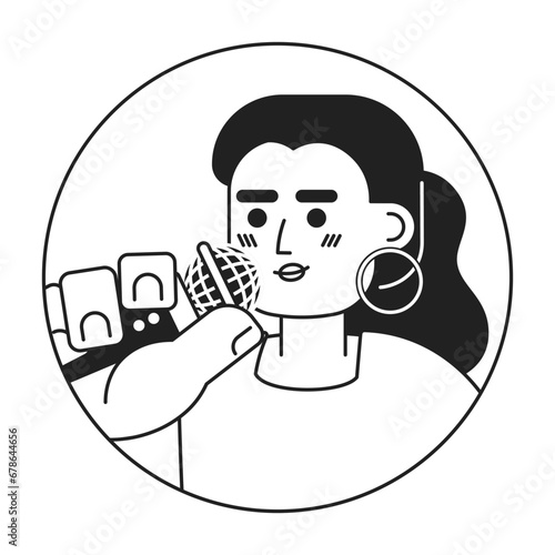 Hoops caucasian woman singer speaker black and white 2D vector avatar illustration. European female speaking into mic outline cartoon character face isolated. Mike announcer flat user profile image