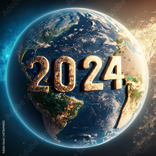 Noworoczne tło, ilustracja z Ziemią i napisem 2024. Ekologia, ochrona środowiska, globalne zmiany i trendy w 2024 roku
