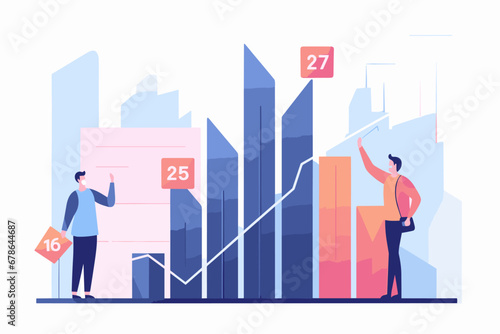 Businessman present graph with high improvement bar chart. Success investment, growing sales, or company growth concept. Boost profit, increase revenue, or improve performance.