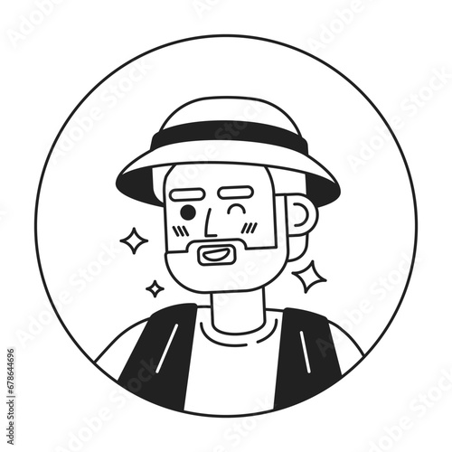 Caucasian fisherman bearded winking smiling black and white 2D vector avatar illustration. Adult male sparkling outline cartoon character face isolated. Friendly flirty guy flat user profile image
