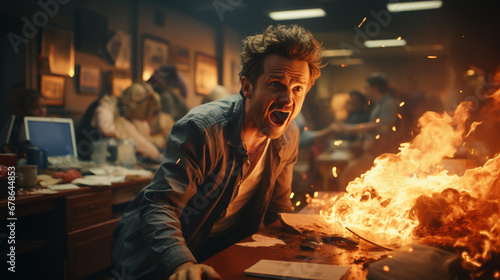 Angry man screaming with a fire. Chaos. Office photo