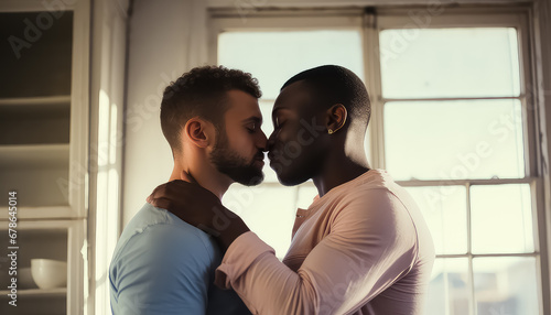 Two gay men kissing early in the morning, valentine's day concept photo