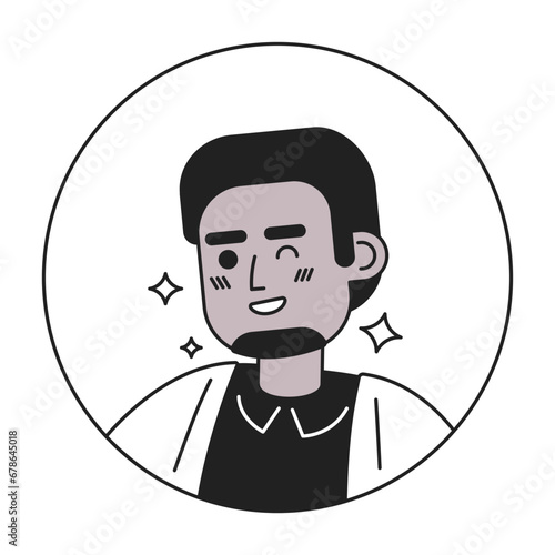 Bearded black man winking smiling black and white 2D vector avatar illustration. African american adult sparkling outline cartoon character face isolated. Friendly flirty guy flat user profile image