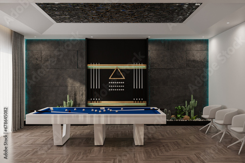 Modern billiard room with a beautiful table and large windows, nobody. 3d rendering photo