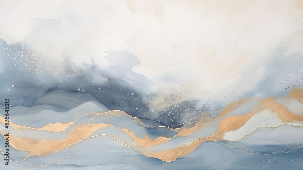 Watercolor, alcohol ink wave flou texture painting landscape. Abstract gold, gray blue and beige neutral background texture marble. Generative Ai. - obrazy, fototapety, plakaty 