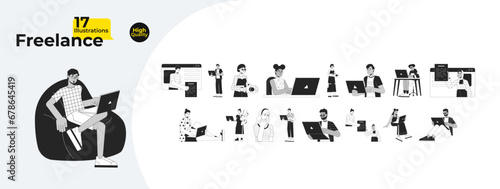 Diverse freelancers laptops black and white cartoon flat illustration bundle. Telecommuting adults multicultural 2D lineart characters isolated. Teleworking monochrome vector outline image collection