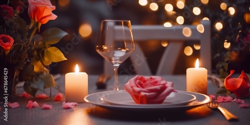 Romantic candlelight dinner with candles and roses and black table  made with AI 