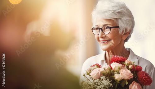 elderly woman with bouquet of flowers, valentine's day concept photo
