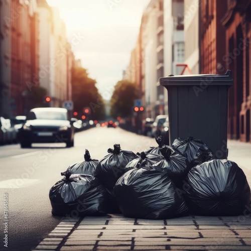 garbage bags in the street ecological problems background
