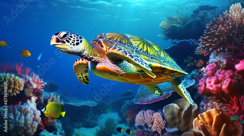Turtle with Colorful tropical fish and animal sea